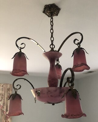 L & L WMC Tulip Chandelier Light Fixture Glass Pink Tulip 1970 vintage