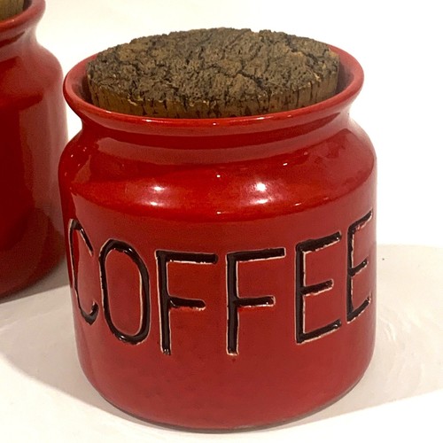 FLORENZ Studio(Aust) Pottery 3pc Red CANISTER SET - Coffee Tea Sugar - Cork Tops - Picture 4 of 9