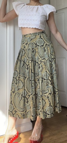 Vtg 90s Does 1940s Jones New York Paisley Silk Pleated Midi Skirt Yoke 6P Petite - Picture 2 of 11