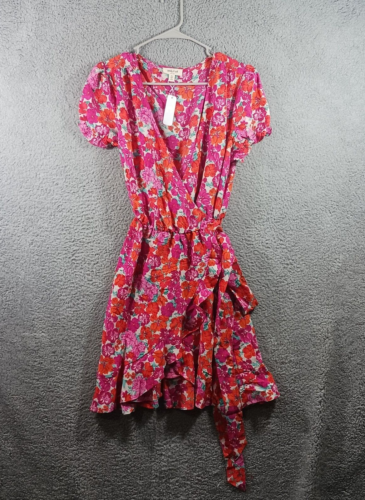 SANDY & SID WOMEN'S BRIGHT FLORAL KNEE LENGTH SHORT SLEEVE WRAP DRESS SIZE LARGE - Picture 1 of 21