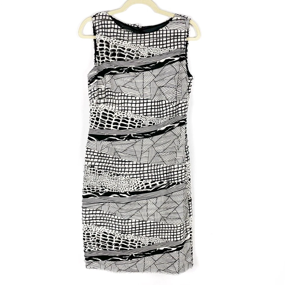 Vestido Vaina Lafayette 148 Seda Sin Mangas Talla 6 Negro Blanco Estampado Mixto Foto 2 de 4