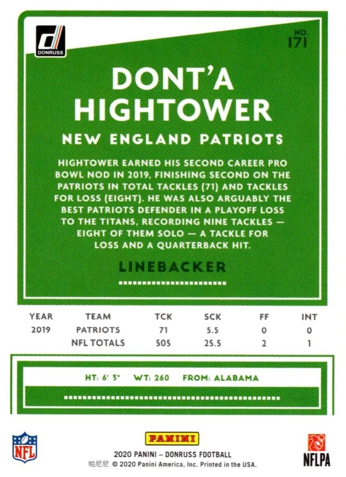 2020 Donruss Press Proofs Red Dont'a Hightower New England Patriots #171 - Image 2 of 2
