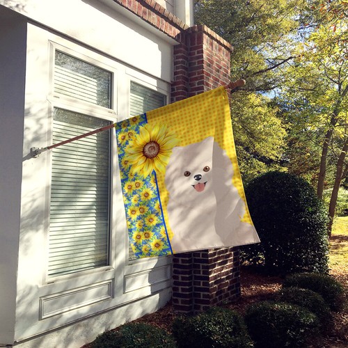 Summer Sunflowers White Pomeranian Flag Canvas House Size 28X40 Inches - Picture 2 of 3