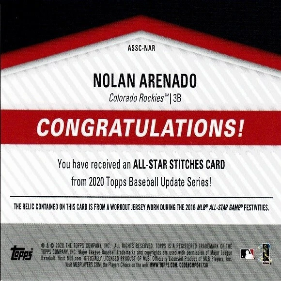 Nolan Arenado All-Star Stitches Card 2020 Topps Baseball Update Series #ASSC-NAR - Image 2 of 2