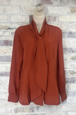 SPIEGEL Women's Rusty Burnt Orange Silky Tie Neck Button Front Blouse Sz 10