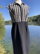 SHELBY & PALMER Shirt Dress Sz 12 Black & White Houndstooth Cap Slv Blouson NWT