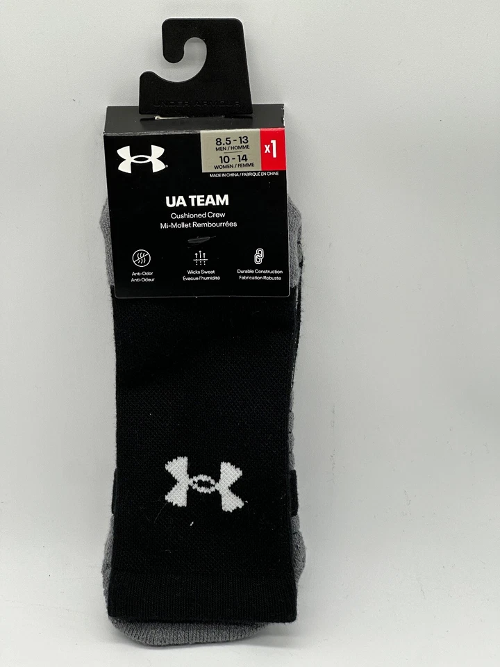NEW ONE PAIR UNDER ARMOUR UA TEAM CUSHIONED CREW SOCKS MENS  WOMENS WHITE /BLACK - Image 2 of 4