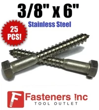(Qty 25) 3/8" x 6" Lag Screws / Bolt Hex Head Stainless Steel 18-8 / 304