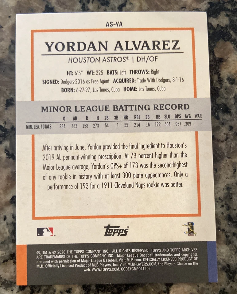 2020 Topps Archives Snapshots Yordan Alvarez Rookie - Image 2 of 2