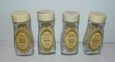 4 VINTAGE DURKEE EMPTY JARS CELERY SEED ROSEMARY LEAVES WHITE PEPPER THYME