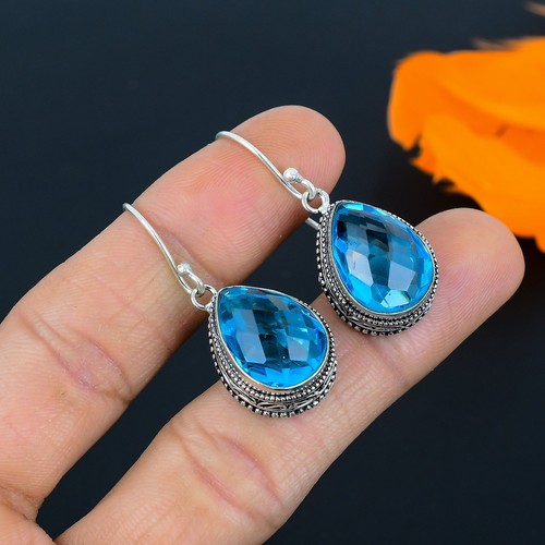Swiss Blue Topaz Gemstone Handmade 925 Sterling Silver Jewelry Earring ...
