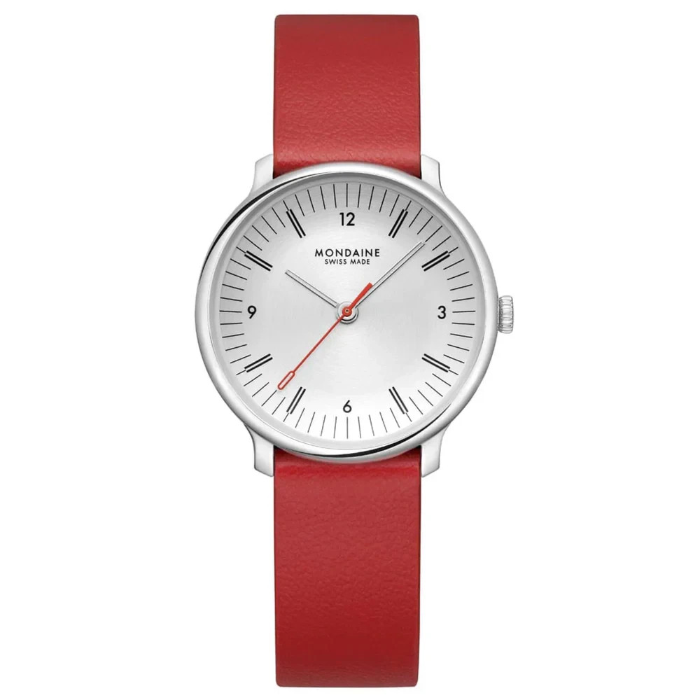 Mondaine Doppio Watch MLE.33110.LCV White Dial Red Vegan Grape Leather Strap 50M