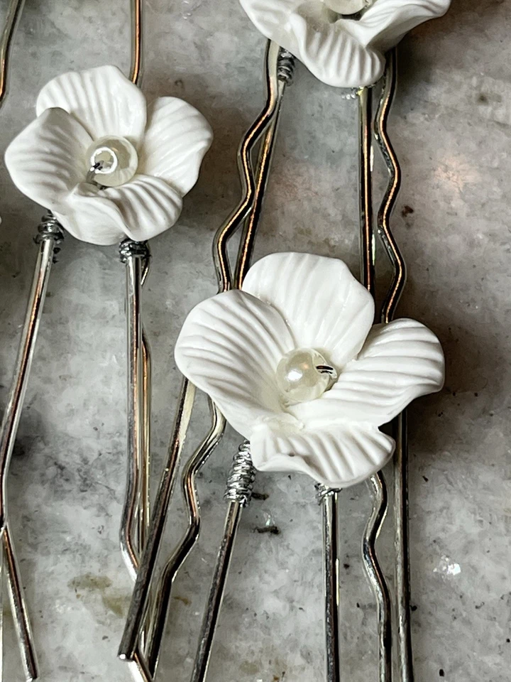 Floral Hair Bobby Pins Set of 12 White and Silver Faux Pearl Bridal Formal - Image 4 of 4
