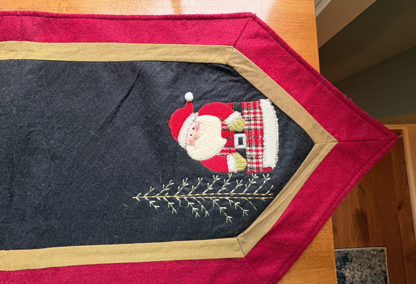 Long Santa Heavy Felt Table Runner 14.5"X 71" Applique  - Black Red & Tan