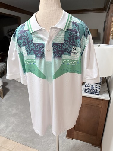 Sergio Tacchini, Vintage 90s Sergio Tacchini Tennis Polo Shirt Mens Medium Geometric Teal White