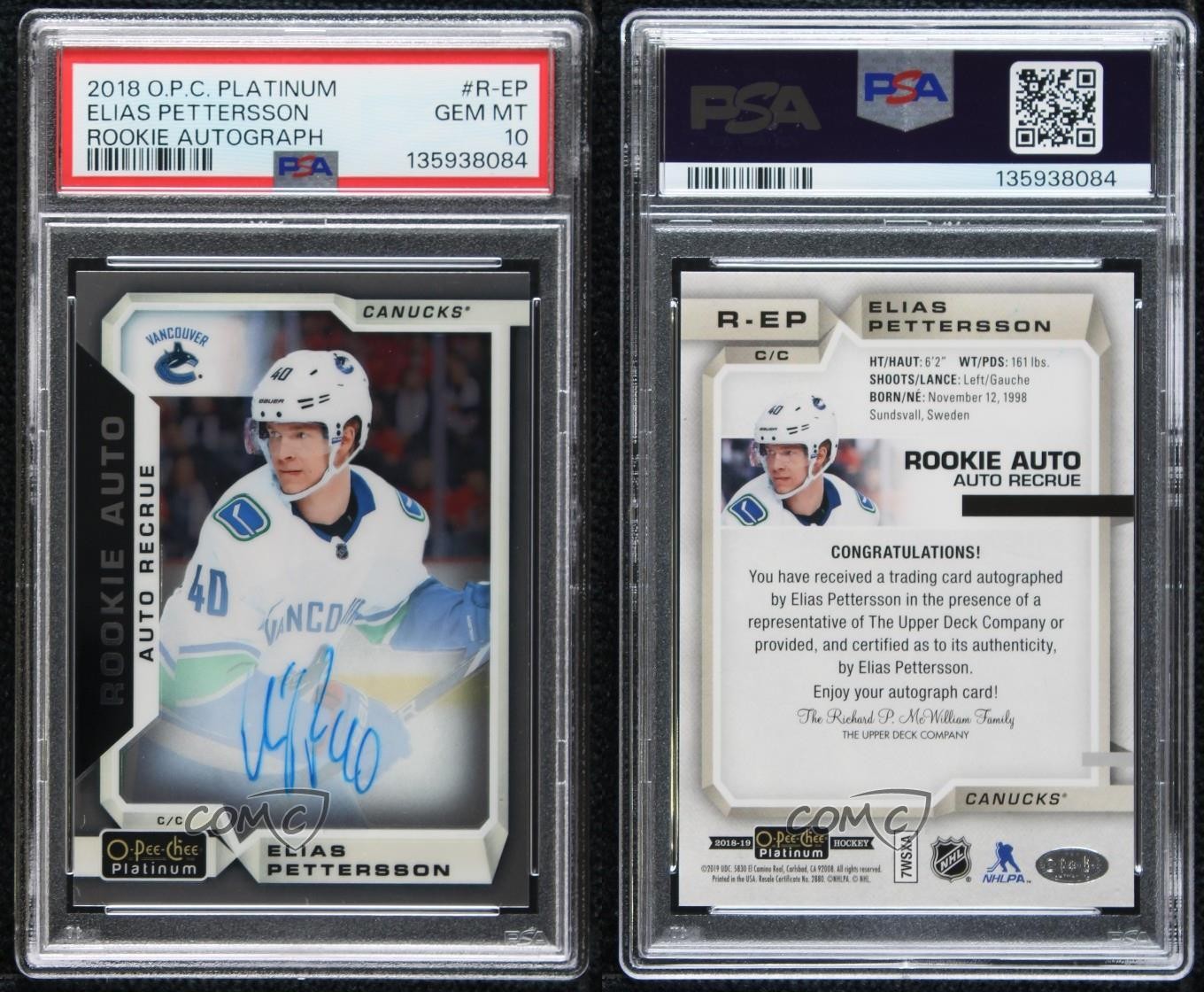 2018-19 O-Pee-Chee Platinum Rookie Elias Pettersson #R-EP PSA 10 GEM MT Auto RC view 3