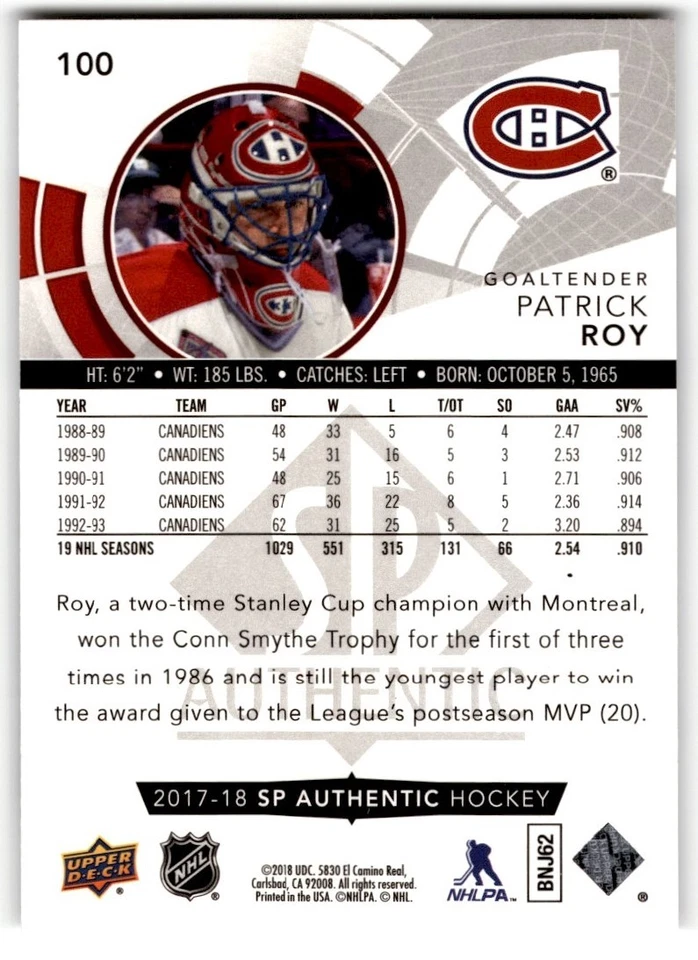 Patrick Roy 2017-18 SP Authentic #100 Montreal Canadiens - Image 2 of 2
