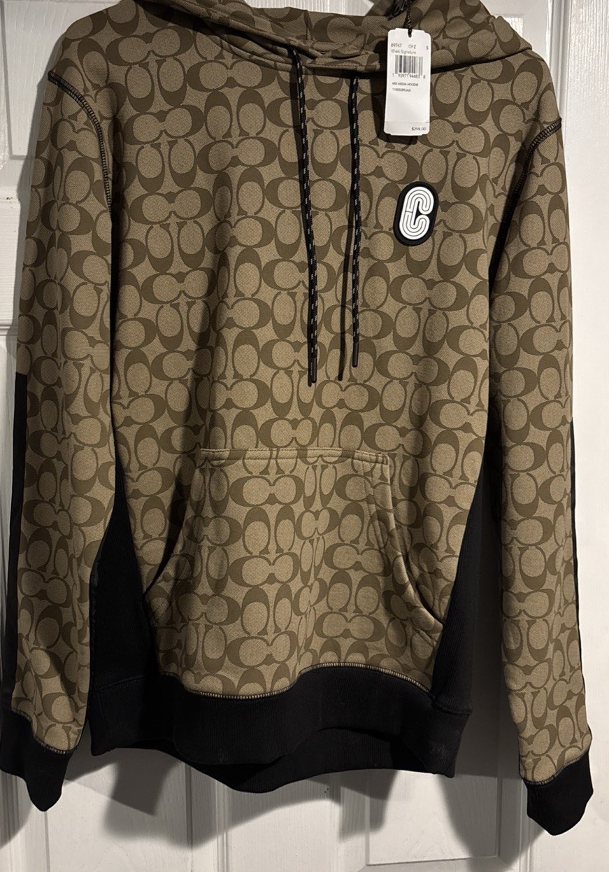 COACH Men's Hoodie Cotton C Logo Rubber Patch Signature Pattern Pullover Brown M