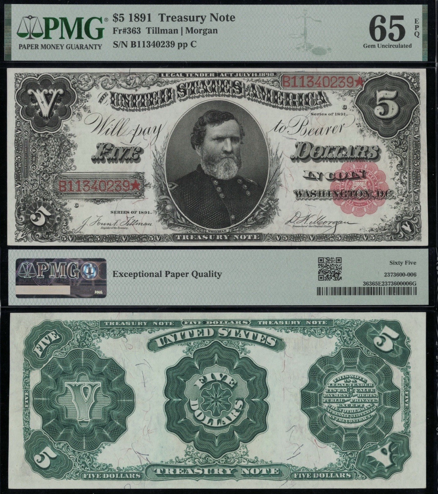 SC 1891 $5 Fr.363 Treasury Note Gen. Thomas - PMG 65 EPQ Gem UNC (239 ...