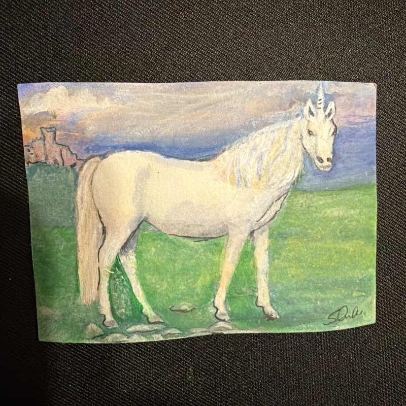 ACEO “Waiting For A Princess” Acrylic Unicorn By Sheila Lofgreen 