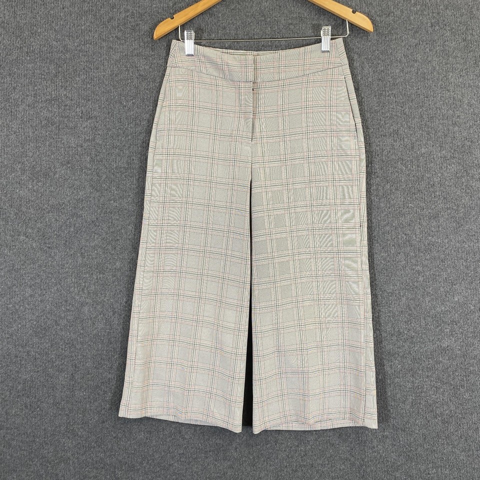 Preview Pants Womens 6 Grey Check Cropped Wide Leg Lined Pockets Office Workwear