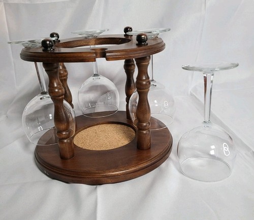 VTG Set of 4 French Luminarc Balloon Clear Wine Glasses w/ Wooden Glass Holder - Picture 2 of 12