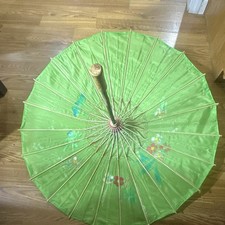 Green Paper Parasol Umbrella, Wooden Handle, Painted Floral Design