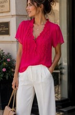 Oscar de la Renta Pink Ruffle V Neck Blouse Women’s 12 Sheer Career Top