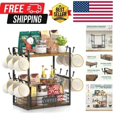 Coffee Mug Cup Holder Tree Bar Station Organizer, 2 Tier Mug Stand Rack for C...