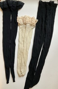 Vtg. Lot Lace & Lace Trim Nylon Back Seam Thigh High Stockings Black & Beige