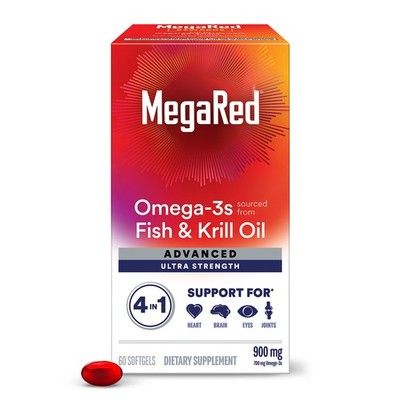 Megared Omega-3 Fish & Krill Oil Supplement 500mg Red, 60 Count