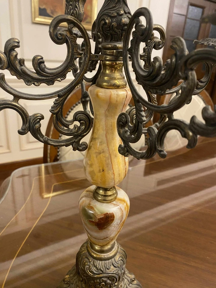 Candeeiro de mesa antigo castiçal bronze mármore Art Nouveau barroco - Imagem 3 de 4