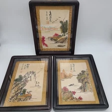 3 Asian Chinese 3-dimetional Mosaic Relief Paintings Embedded Landscape Signed