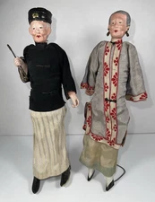 1920s Chinese old man and woman with  Wire Stand Composition Dolls Antique 9.5”