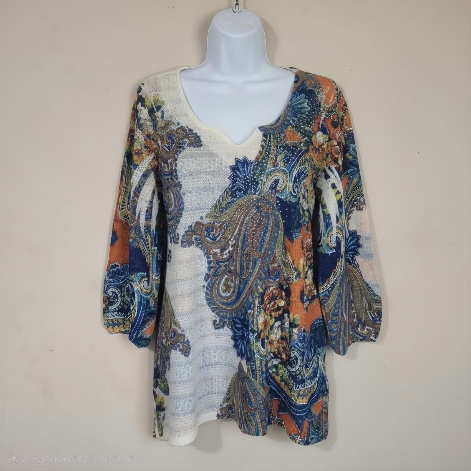 Reba Large Women's Paisley 3/4 Sleeve Top Rhinestone Embellishments Boho Stretch