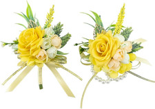 2 Pcs Wrist Corsage and Boutonniere Set, Yellow Corsage for Wedding, Boutonniere
