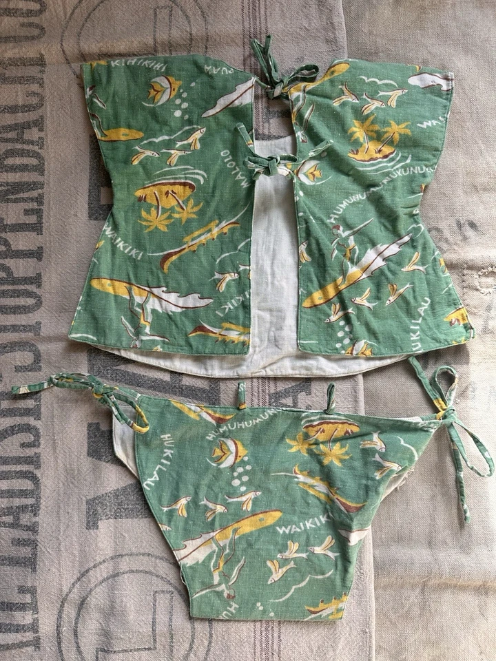 "Traje de baño vintage años 40 niños tela de corteza hawaiana estampado novedoso cintura 20-24""" Foto 4 de 4