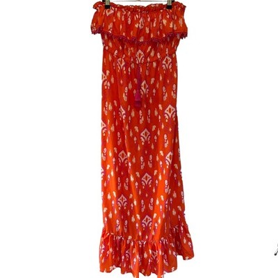 Mud Pie Womens orange pink Aztec tiered strapless maxi dress Small