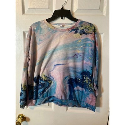Pixie Lady Marble Print Sweatshirt XL Blue Pink Gold Glitter Abstract Pullover