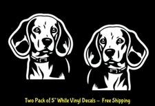 Two Cute Beagles 5" White Vinyl Decals Mirrored Car Truck Windows