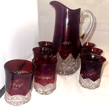 Circa 1910 Ruby Stain Glass Pitcher and 7  4" Tumber Set @185