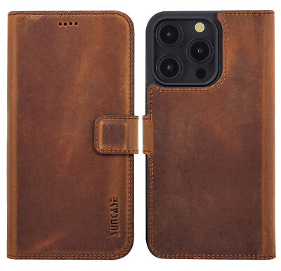 Suncase Custodia A Libro In Vera Pelle Per IPhone 12 (6,1 Pollici) Con Portacarte E Chiusura Magnetica - Colore Caffè Anticato