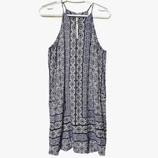 Renee C Sundress M Sleeveless Blue White Boho Print High Neck Lined Resortwear