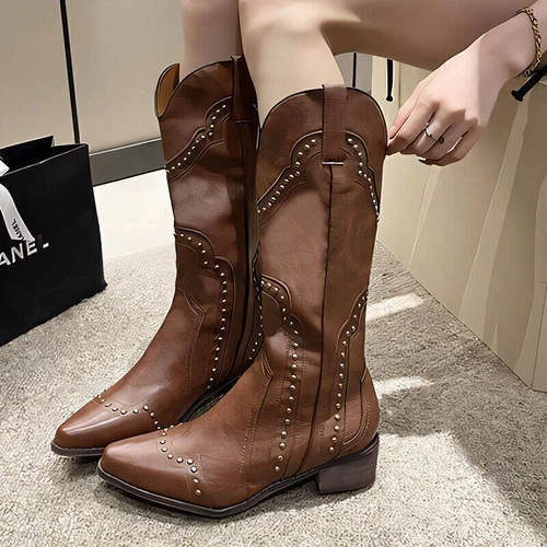 Women's Ladies Cowboy Western Toe Block Heel Boots Size Studded Mid Calf Pointed - Picture 11 of 28