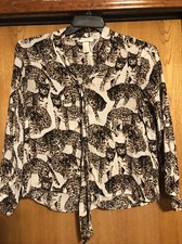 H M Size 6 Leopard Print Pull Over Blouse P V Neck W/tie Long Sleeve