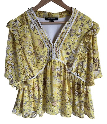 Marc New York Yellow Beaded Bric Brac Trim Floral Peasant Top Ruffle V-Neck Size
