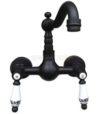 Oil Rubbed Bronze Bathroom Basin Sink Faucet Dual Handles Mixer Tap Wall Mount