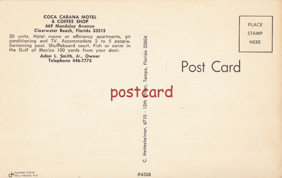 c1960's COCA CABANA MOTEL Clearwater Beach FL Adon L. Smith owner, shuffleboard eBay