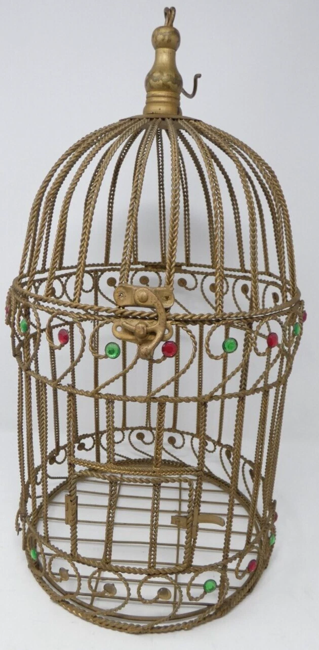 Vintage Bird Cage Golden Colored with Twisted Bars and Plastic Jewels.