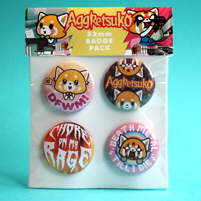 Aggretsuko Badges pack, badge set of 4x 32mm metal pin back buttons. Fan gift.